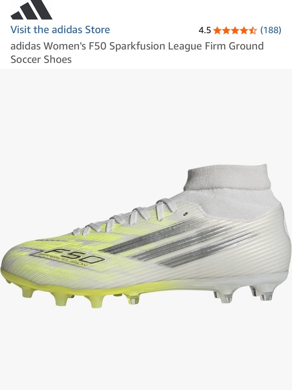 adidas Women's F50 Sparkfusion Firm Ground Soccer Shoes - White/Neon Yellow